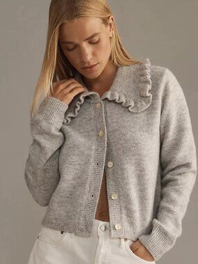 Self-Contrast The Ainsley Ruffle-Collar Cardigan in Grey